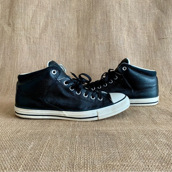 CONVERSE Black Leather Hi-tops Men’s Size 10.5 - Picture 8 of 15